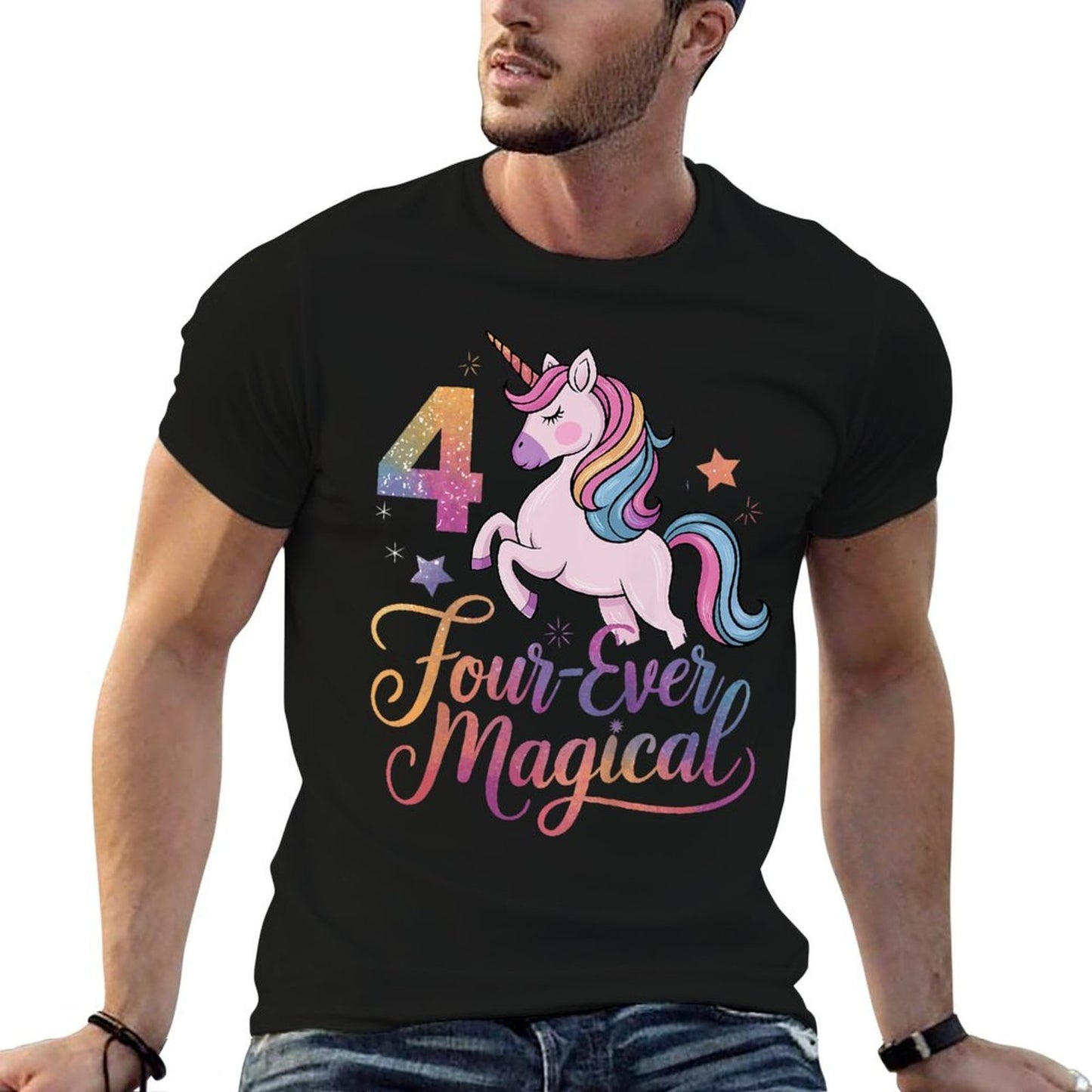 Four-Ever Magical Unicorn Outfit 4th Birthday for Kids  Oversized Silhouette T-Shirt