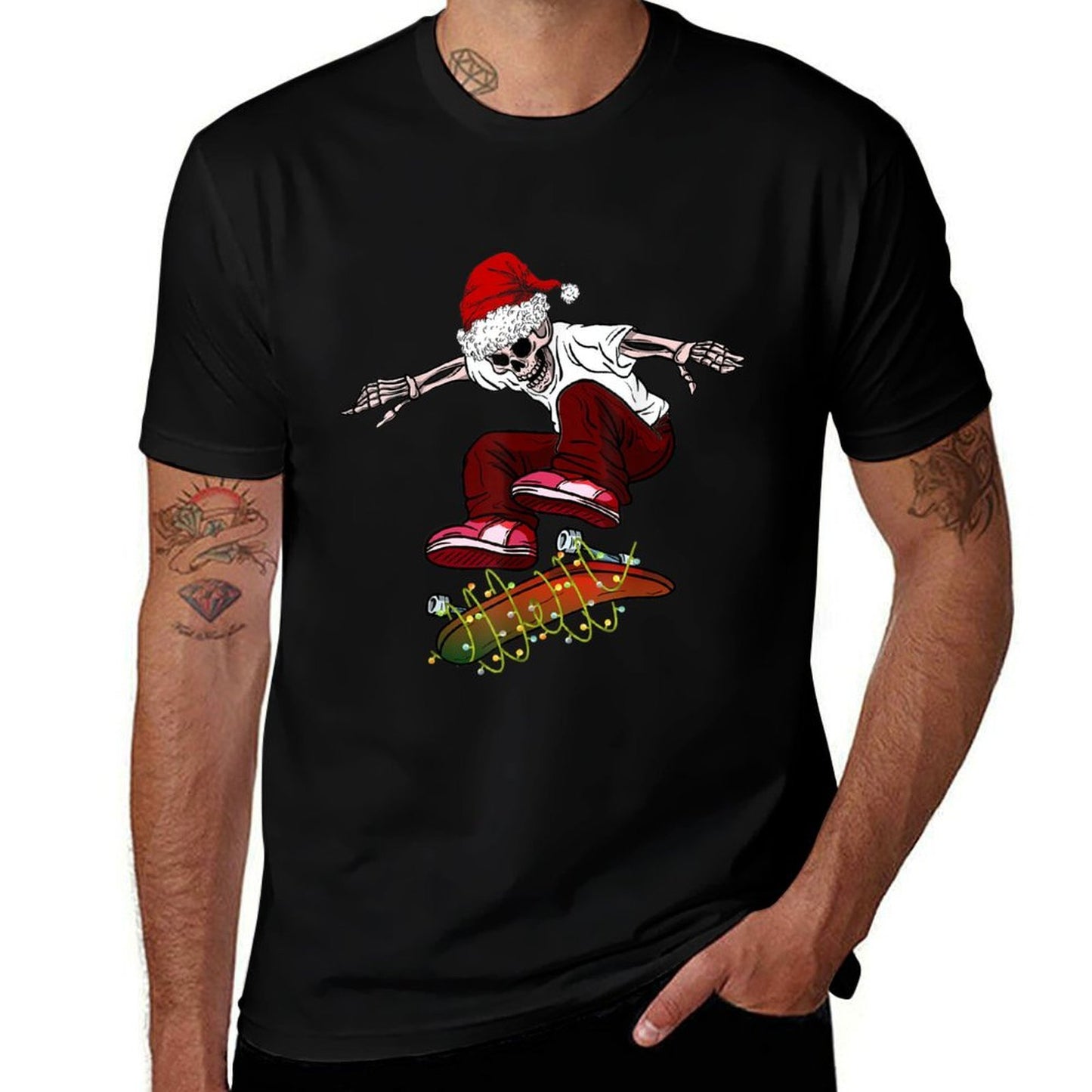 Funny Skeleton Skateboard Christmas Pajama Santa Skateboard  Summer-ready Fabric T-Shirt