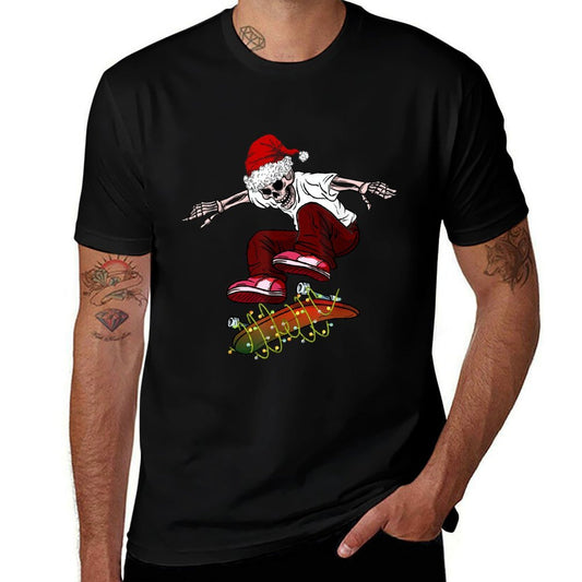 Funny Skeleton Skateboard Christmas Pajama Santa Skateboard  Summer-ready Fabric T-Shirt