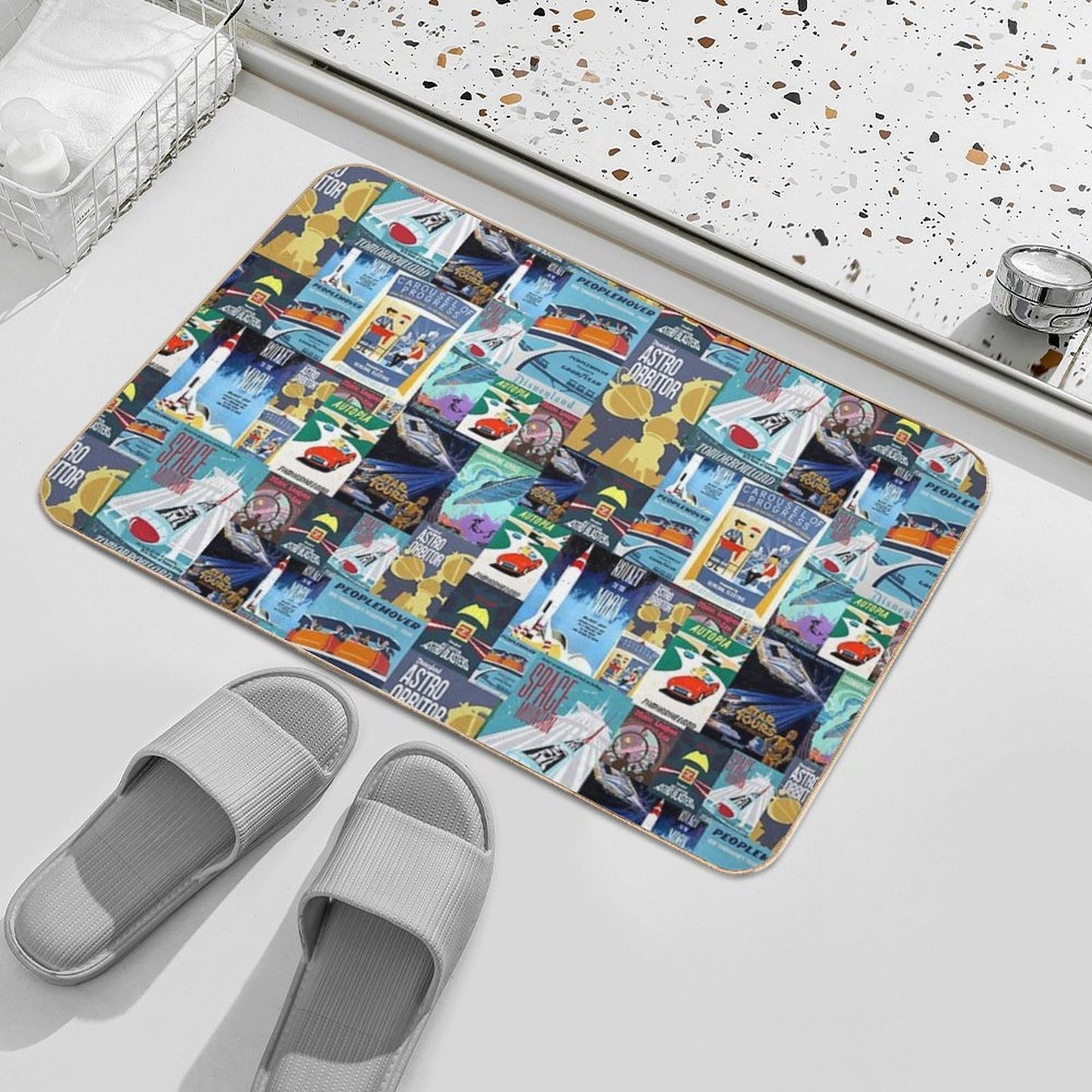 Tomorrowland Theme Park Vintage Ride Attraction Posters  Stain-Proof Bath Mat