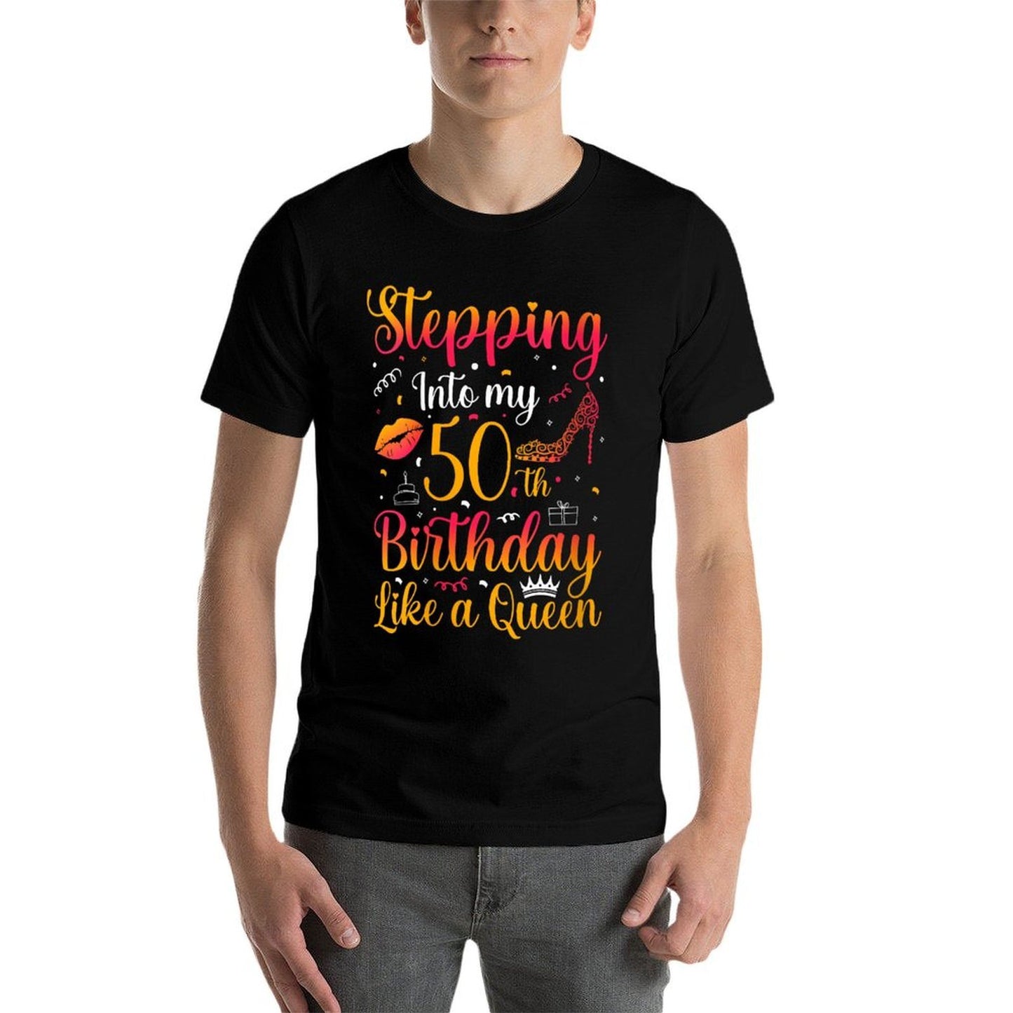 Stepping Into My 50th Birthday Queen Gift for Her Woman Birt  Ribbed Collar T-Shirt