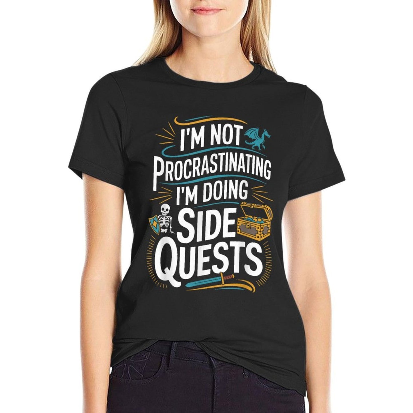 RPG Gamer Apparel for Quest Lovers Unisex-Adult Black Modern Classic Small Crew Neck Humorous Gaming Graphic Lightweight  Cotton T-Shirt