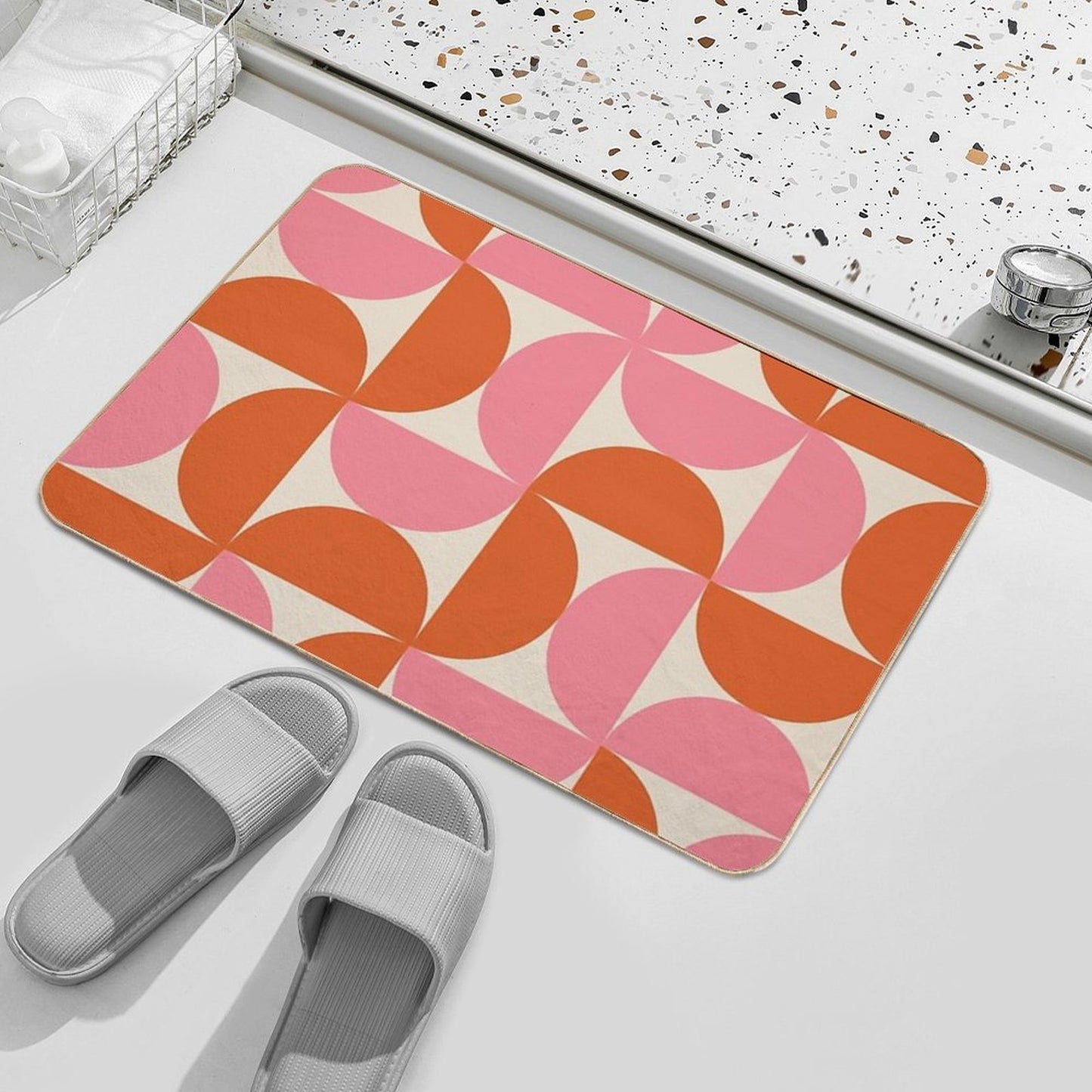 Minimalist Geometric  Mid Century Modern Abstract Half Circles Pattern in Pink And Orange Durable Bath Mat