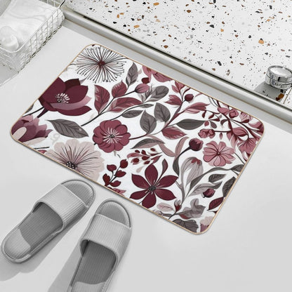 Deep Burgundy, Grey & White Scandi Floral Pattern  Repositionable Bath Mat