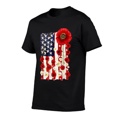 Red Poppy Flower US Patriotic Veterans Day Memorial Day  Heathered Texture T-Shirt