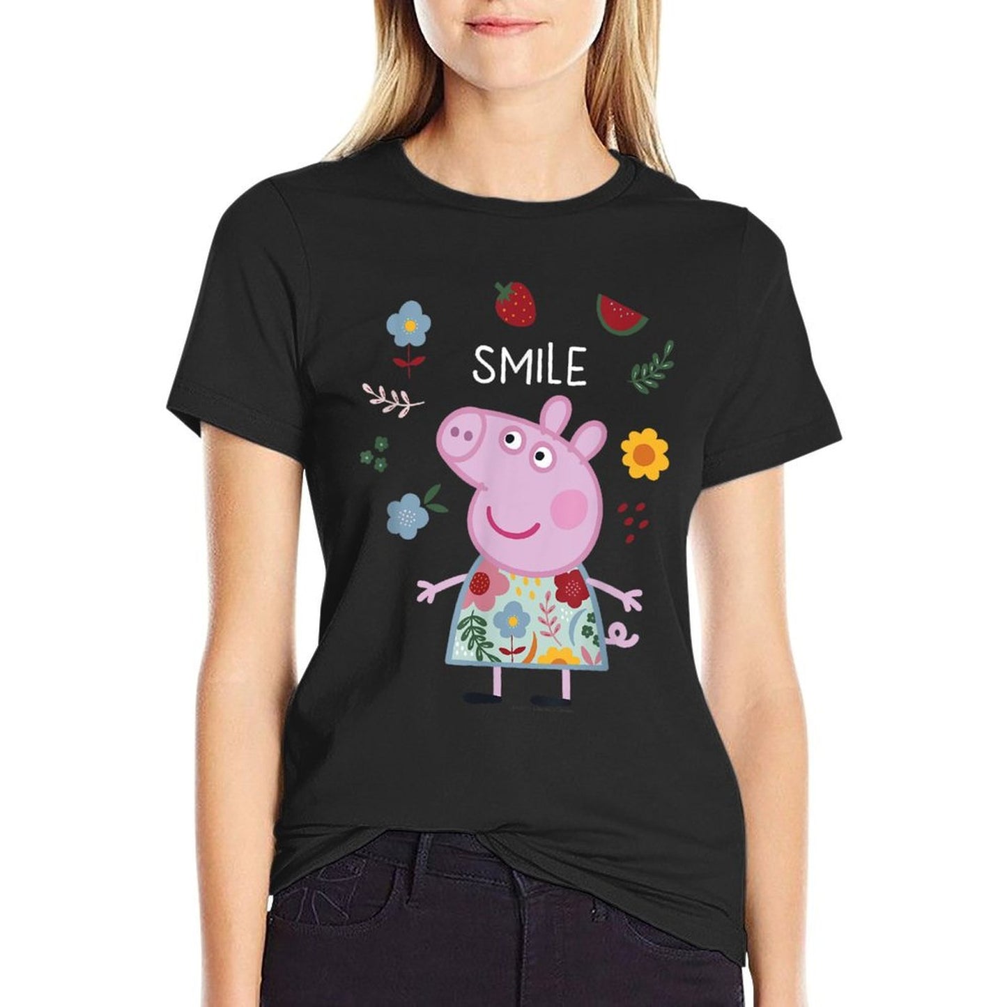 Peppa Pig Smile Cute Flowers & Fruit Full Body Portrait  Summer-ready Fabric T-Shirt