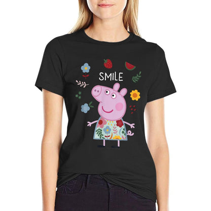 Peppa Pig Smile Cute Flowers & Fruit Full Body Portrait  Summer-ready Fabric T-Shirt