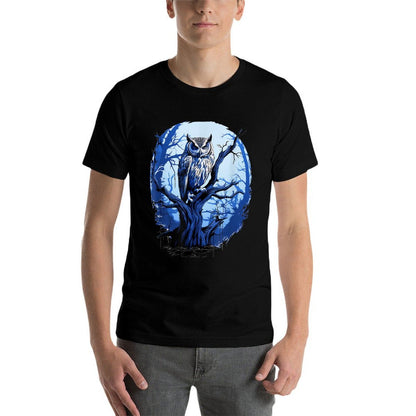 Twilight Blue Impressionist Owl on Skeletal Tree  Fade-proof Color T-Shirt