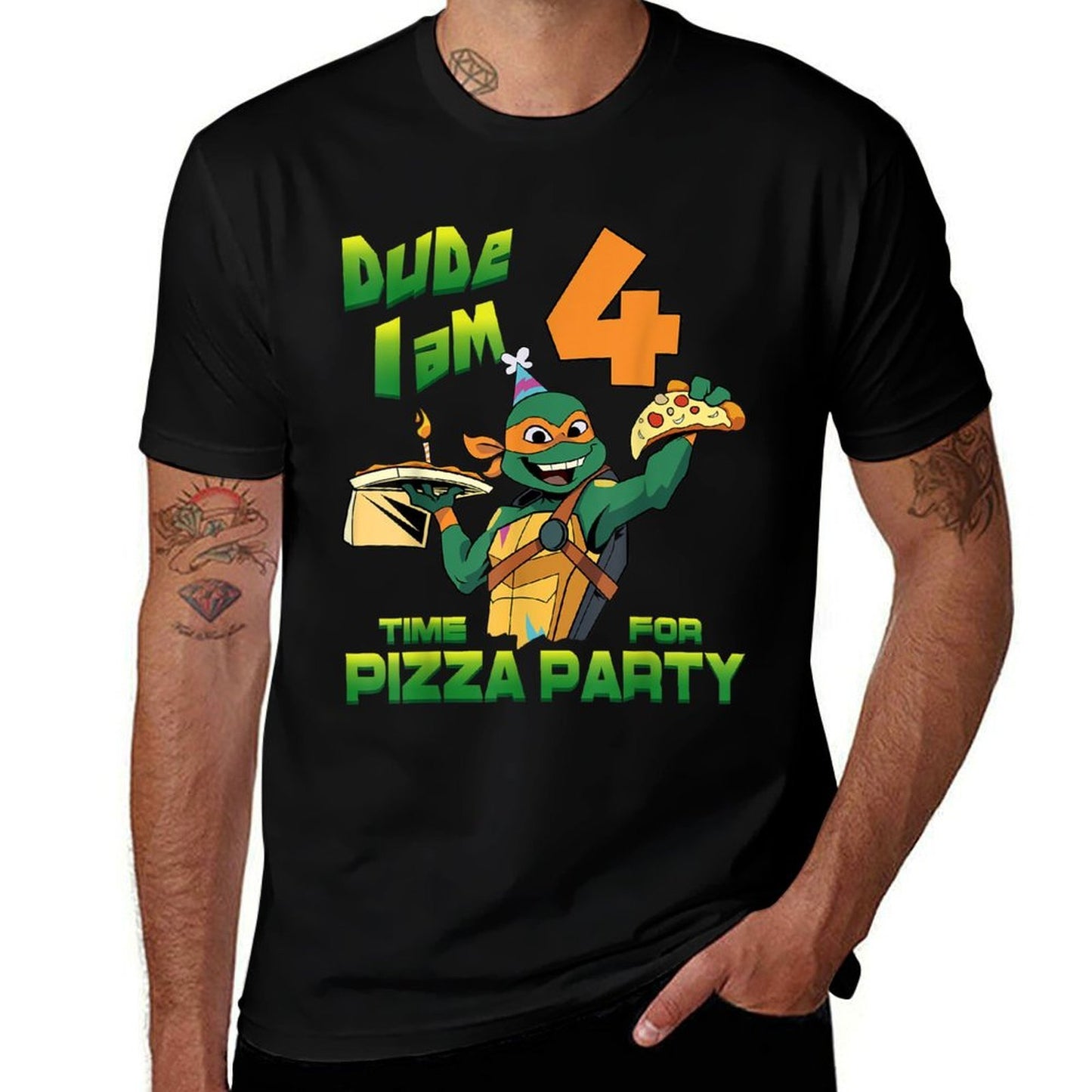 Mademark Xnage Mutant Ninja Turtles - Dude I Am 4 Years Old Mikey Pizza Birthday Party  Fade-proof Color T-Shirt