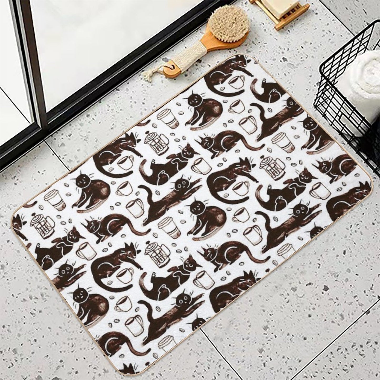 Gouache Black Cats & Coffee  Long-Lasting Bath Mat