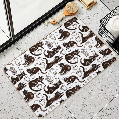 Gouache Black Cats & Coffee  Long-Lasting Bath Mat
