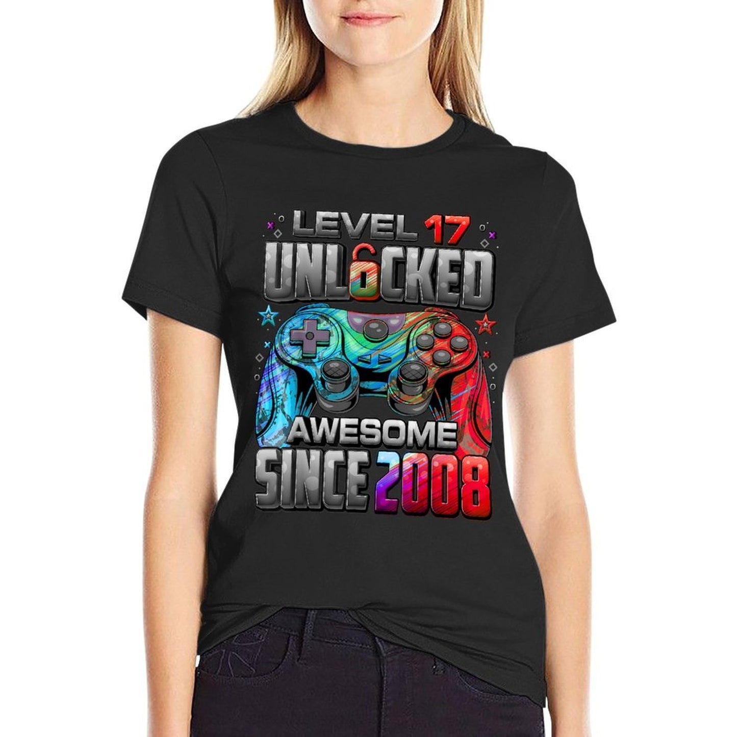 Level 17 Unlocked Awesome Since 2008 17th Birthday Gaming  Heathered Texture T-Shirt
