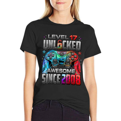 Level 17 Unlocked Awesome Since 2008 17th Birthday Gaming  Heathered Texture T-Shirt