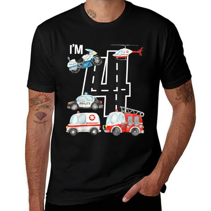 Emergency Vehicles 4th Birthday Fire Truck Police Car Boys  Easy-care T-Shirt