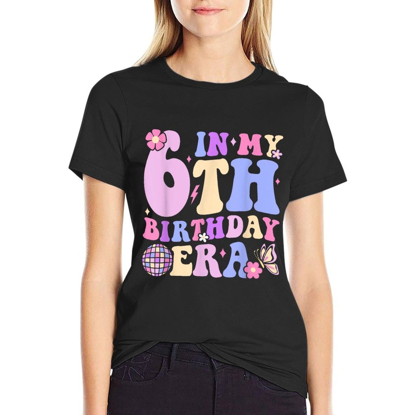 In My 6th Birthday Era Six 6 Years Old Disco Ball Bday  Ribbed Collar T-Shirt