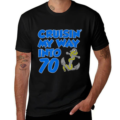 Cruisin' My Way Into 70 Anchor 70th Birthday Cruise  Ribbed Collar T-Shirt