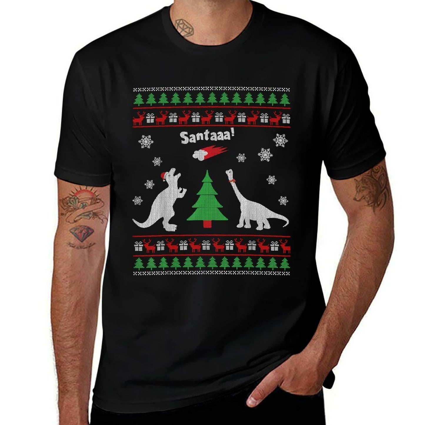 Funny Dinosaurs And Santa Ugly Christmas Sweater  Wrinkle-resistant T-Shirt
