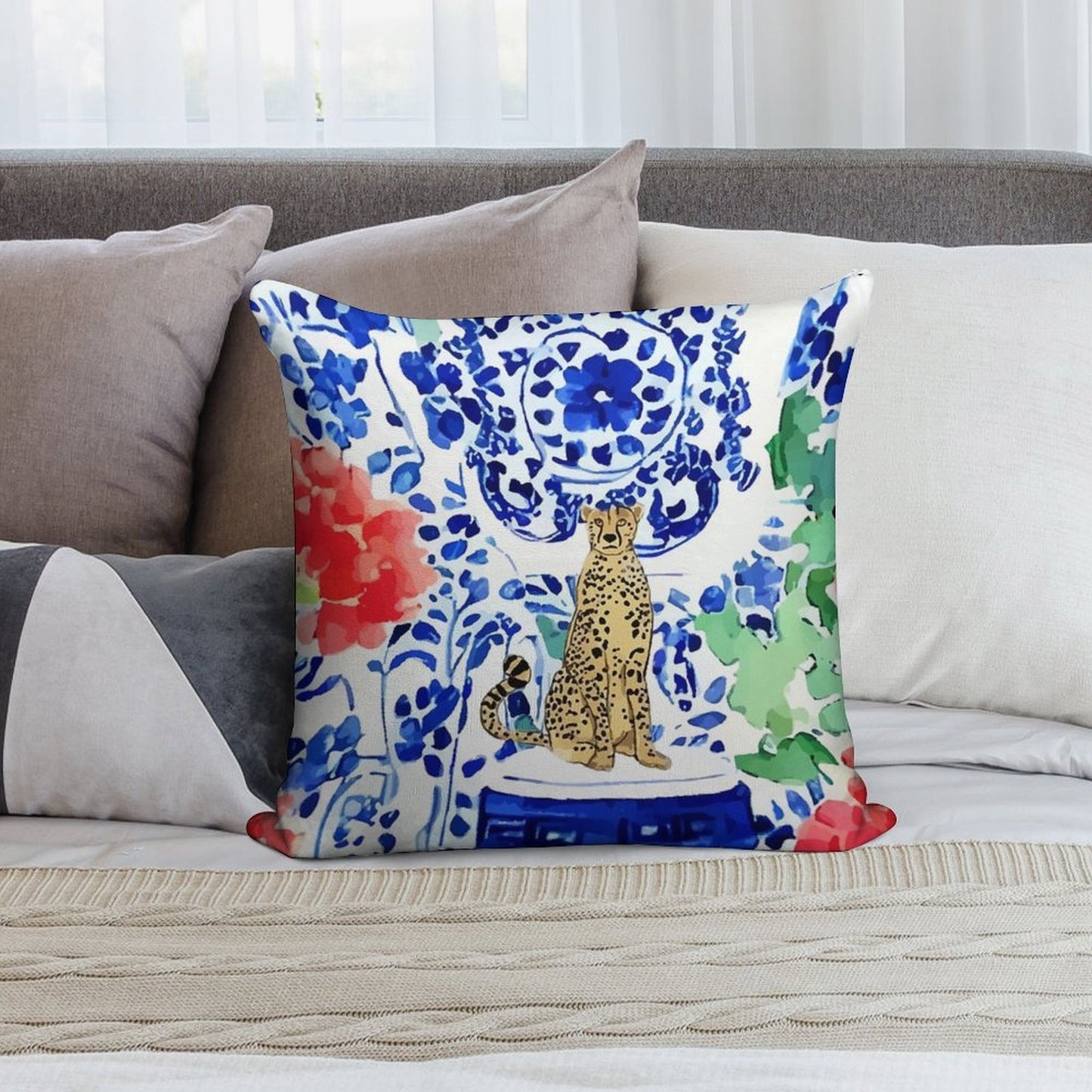 Cheetah And Chinoiserie Jars in Blue And Red Soft Easy Maintenance Throw Pillow