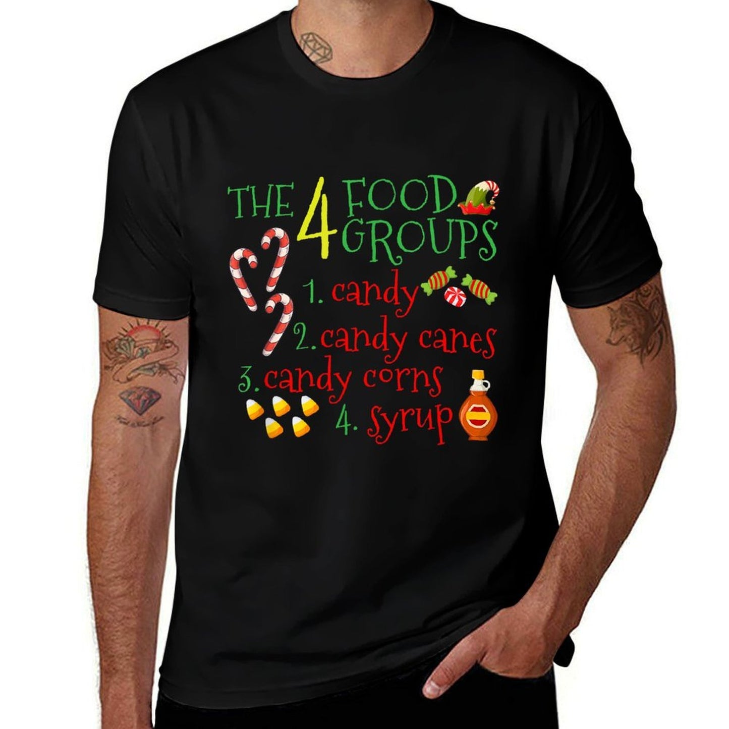 The 4 Elf Food Groups Funny Christmas Candy Cane  Rolled Sleeves T-Shirt