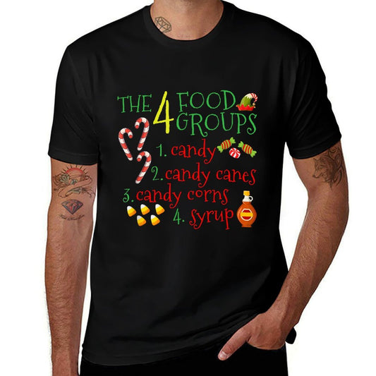 The 4 Elf Food Groups Funny Christmas Candy Cane  Rolled Sleeves T-Shirt