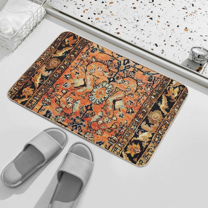 Tabriz Rug Print With Burnt Orange Field Print  Easy To Clean Bath Mat