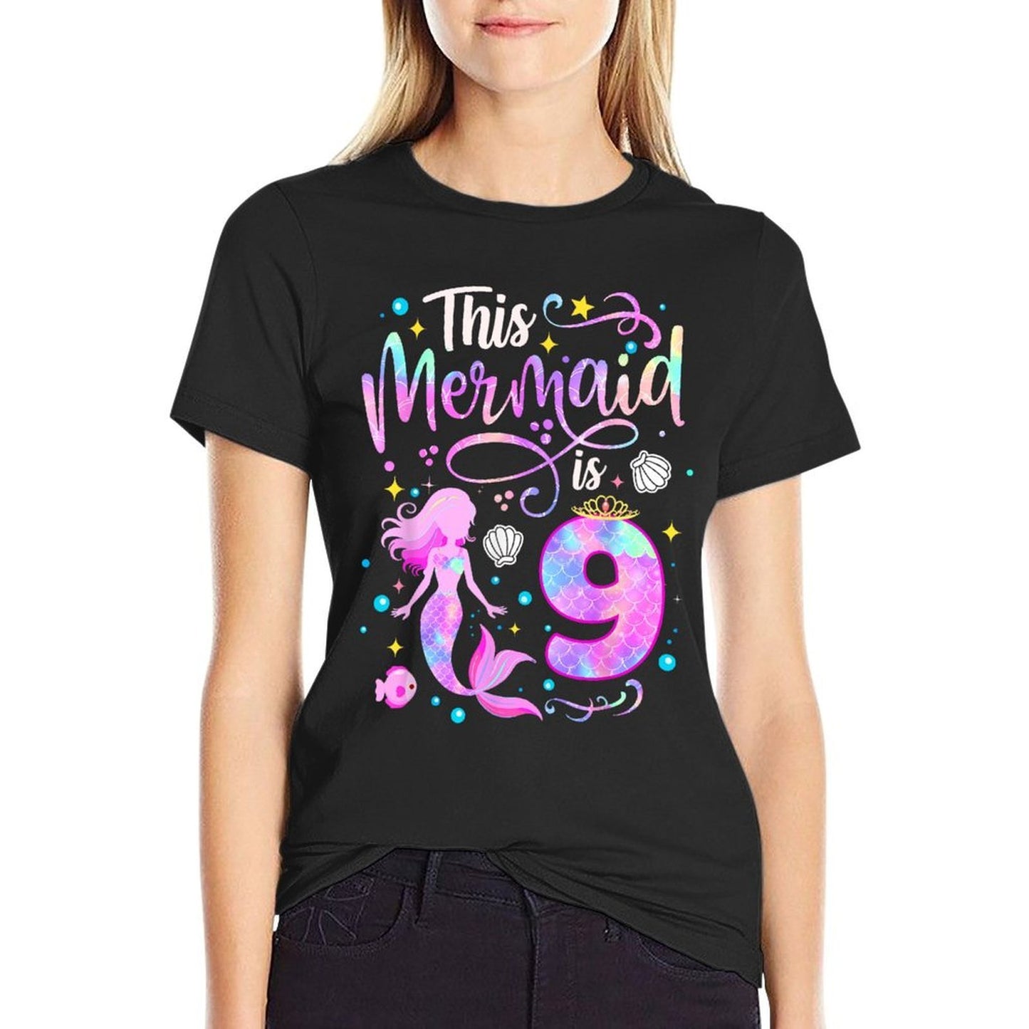 This Mermaid Is 9 Cute 9th Birthday Girl 9 Years Old Kids  Heathered Texture T-Shirt