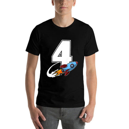 Kids Outer Space 4 Year Old 4th Birthday Four Rocket Ship Party  Rolled Sleeves T-Shirt