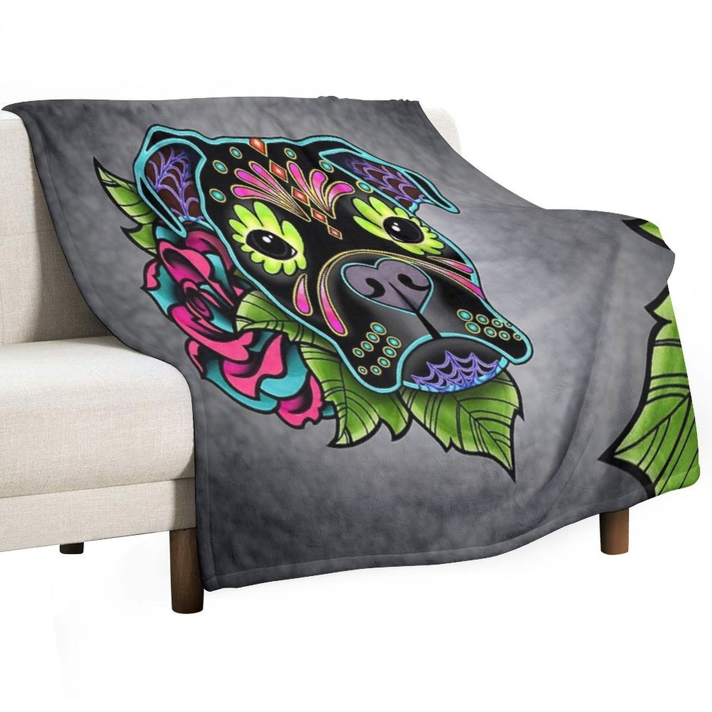 Boxer in Black- Day of The Dead Sugar Skull Dog Anti-pilling Throw Blanket