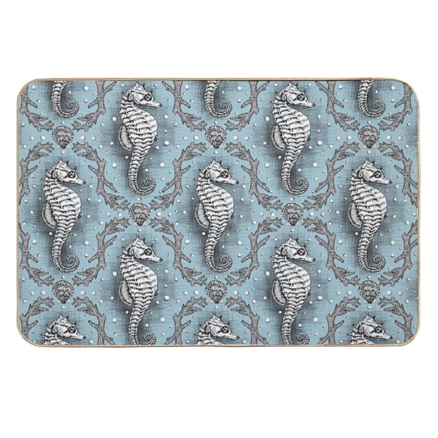 Victorian Seahorse Damask in Powder Blue Antique Steampunk  Stain-Proof Bath Mat