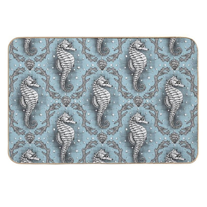 Victorian Seahorse Damask in Powder Blue Antique Steampunk  Stain-Proof Bath Mat