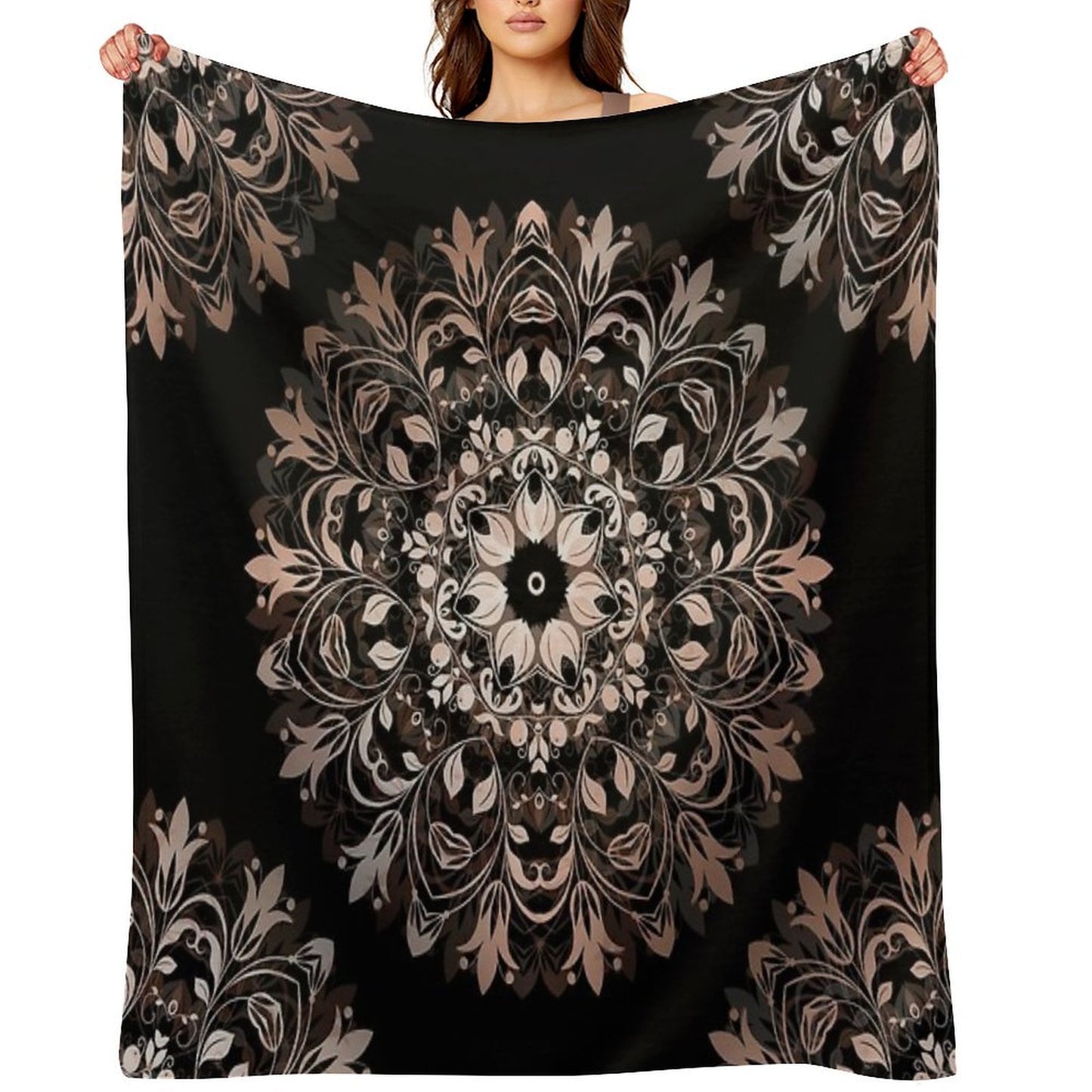 Floral Rose Gold Mandala On A Black Background Travel-friendly Throw Blanket