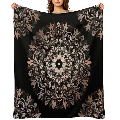 Floral Rose Gold Mandala On A Black Background Travel-friendly Throw Blanket