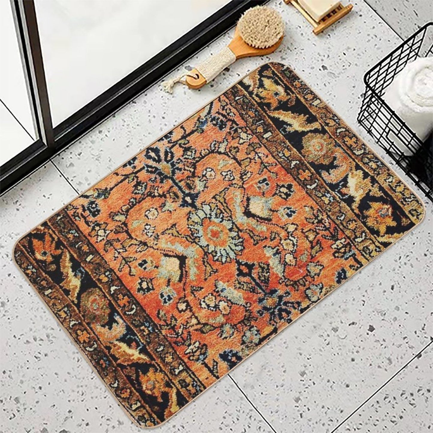 Tabriz Rug Print With Burnt Orange Field Print  Easy To Clean Bath Mat