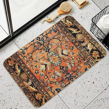 Tabriz Rug Print With Burnt Orange Field Print  Easy To Clean Bath Mat
