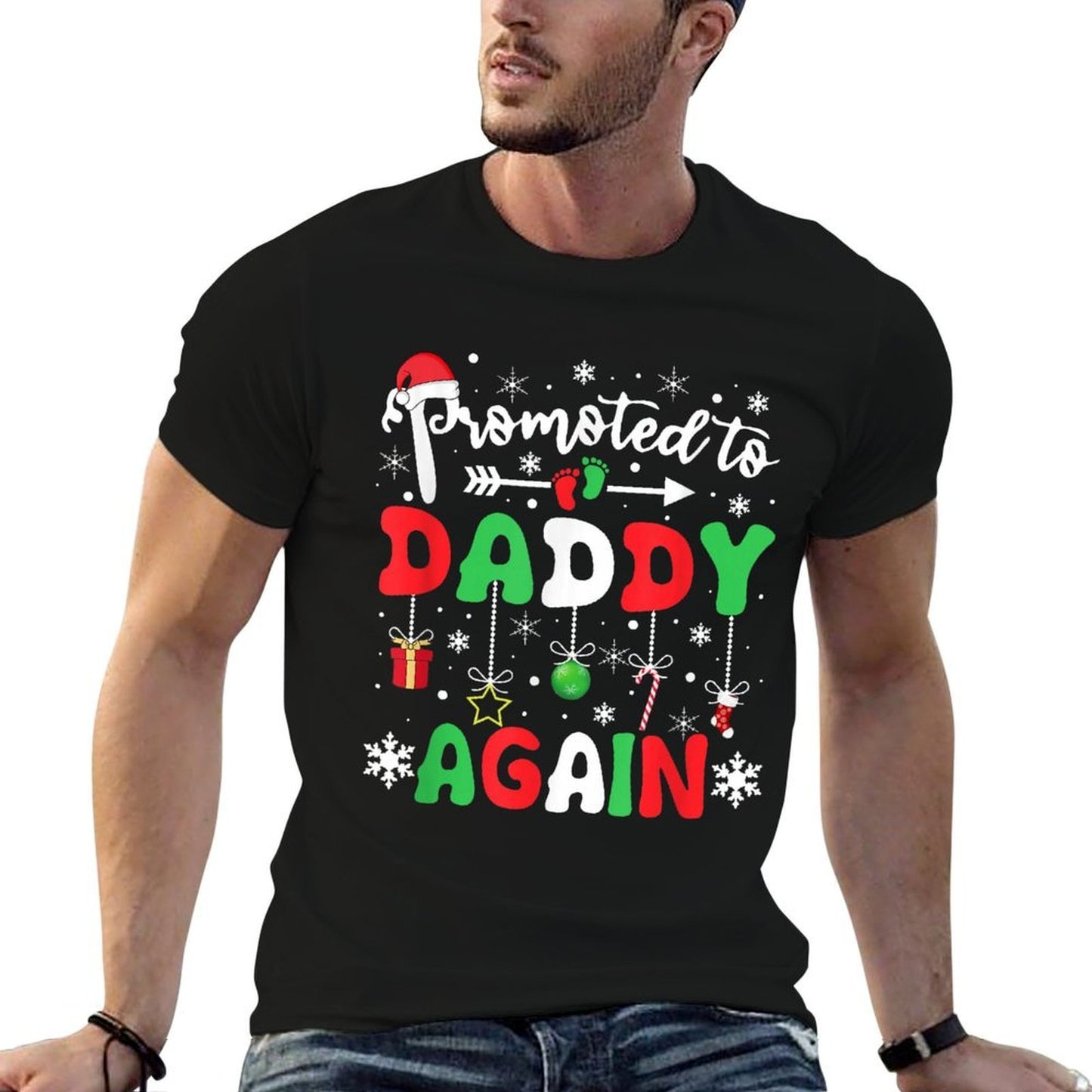 Promoted to Daddy Again Christmas Pregnancy Announcement Dad  Fade-proof Color T-Shirt