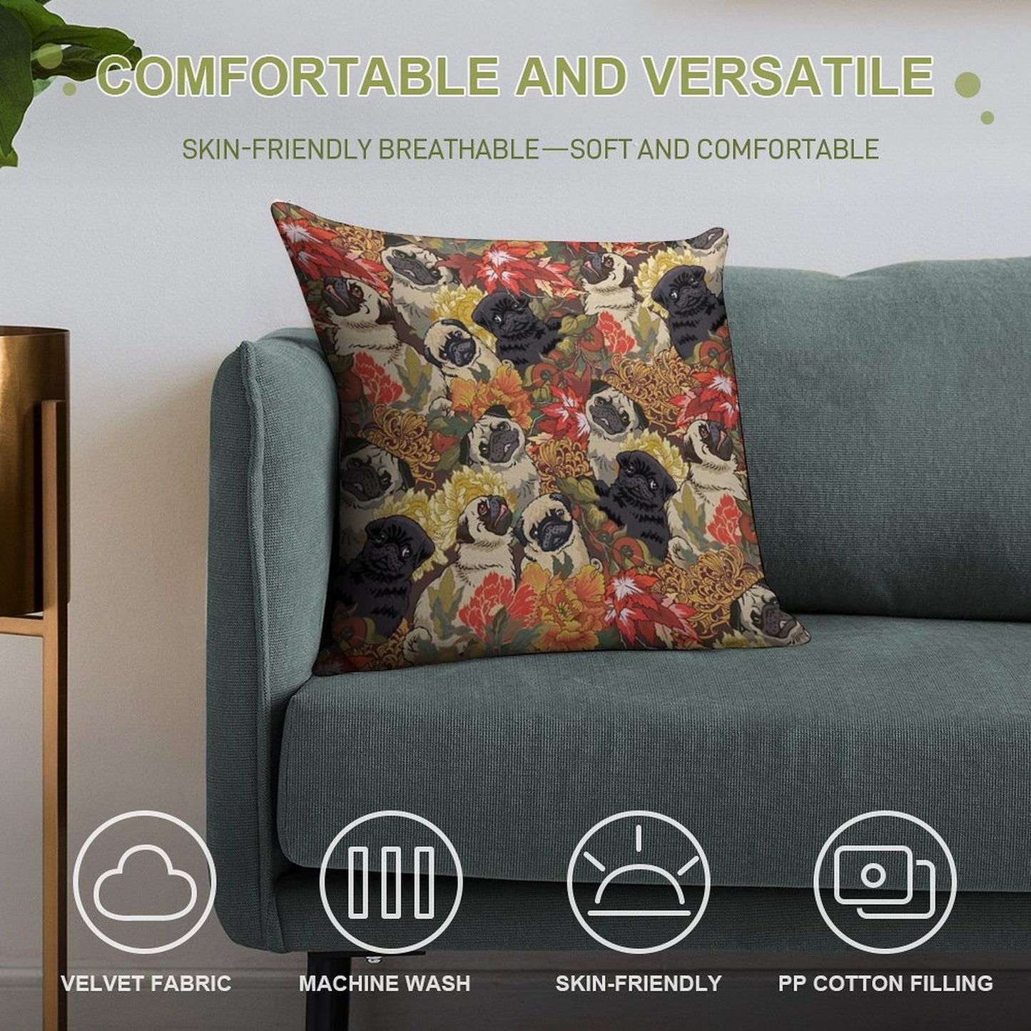 Because Pugs Autumn Soft Short Plush Fabric Throw Pillow