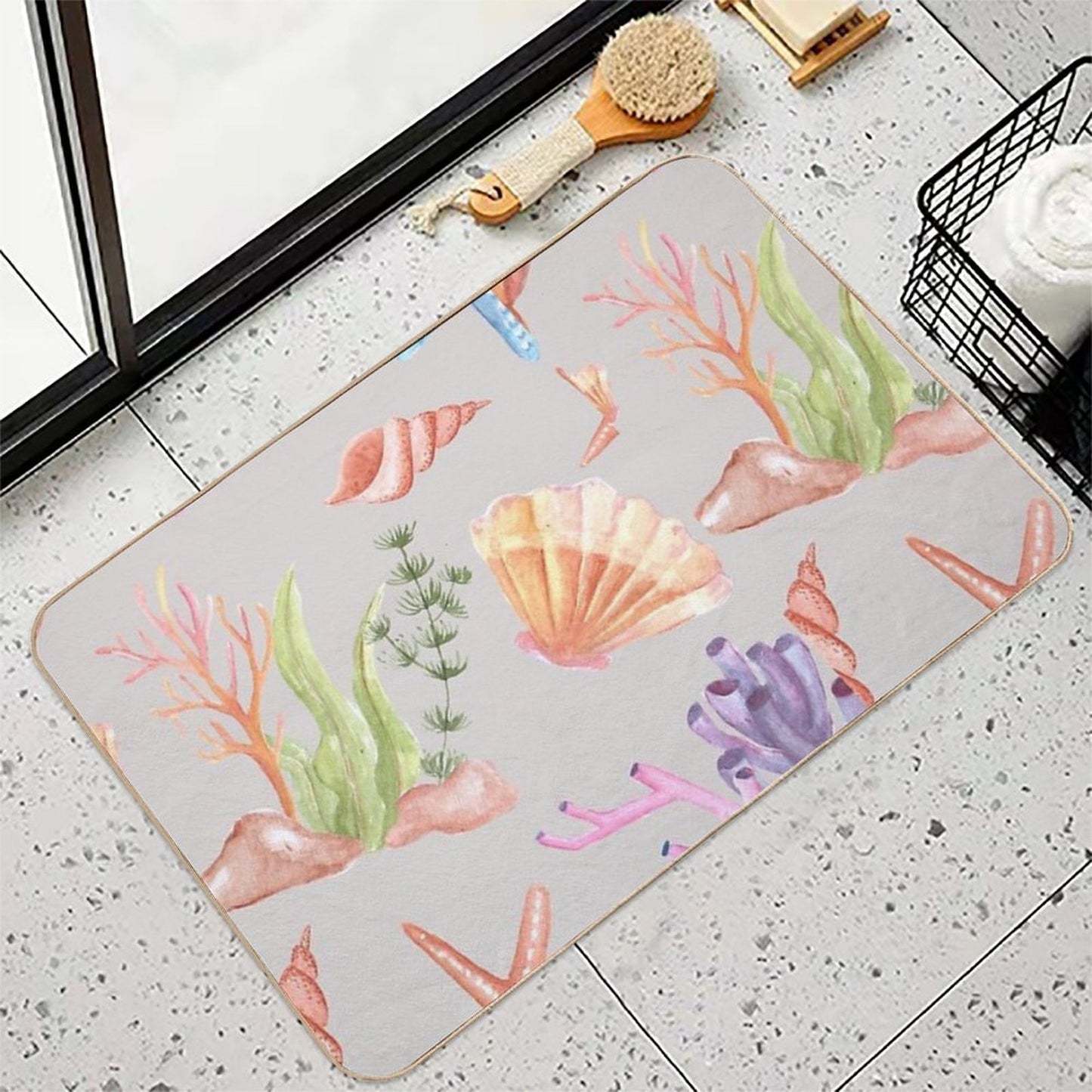 Watercolor Marine Life Pattern - Seashells, Starfish, And Coral Durable Bath Mat