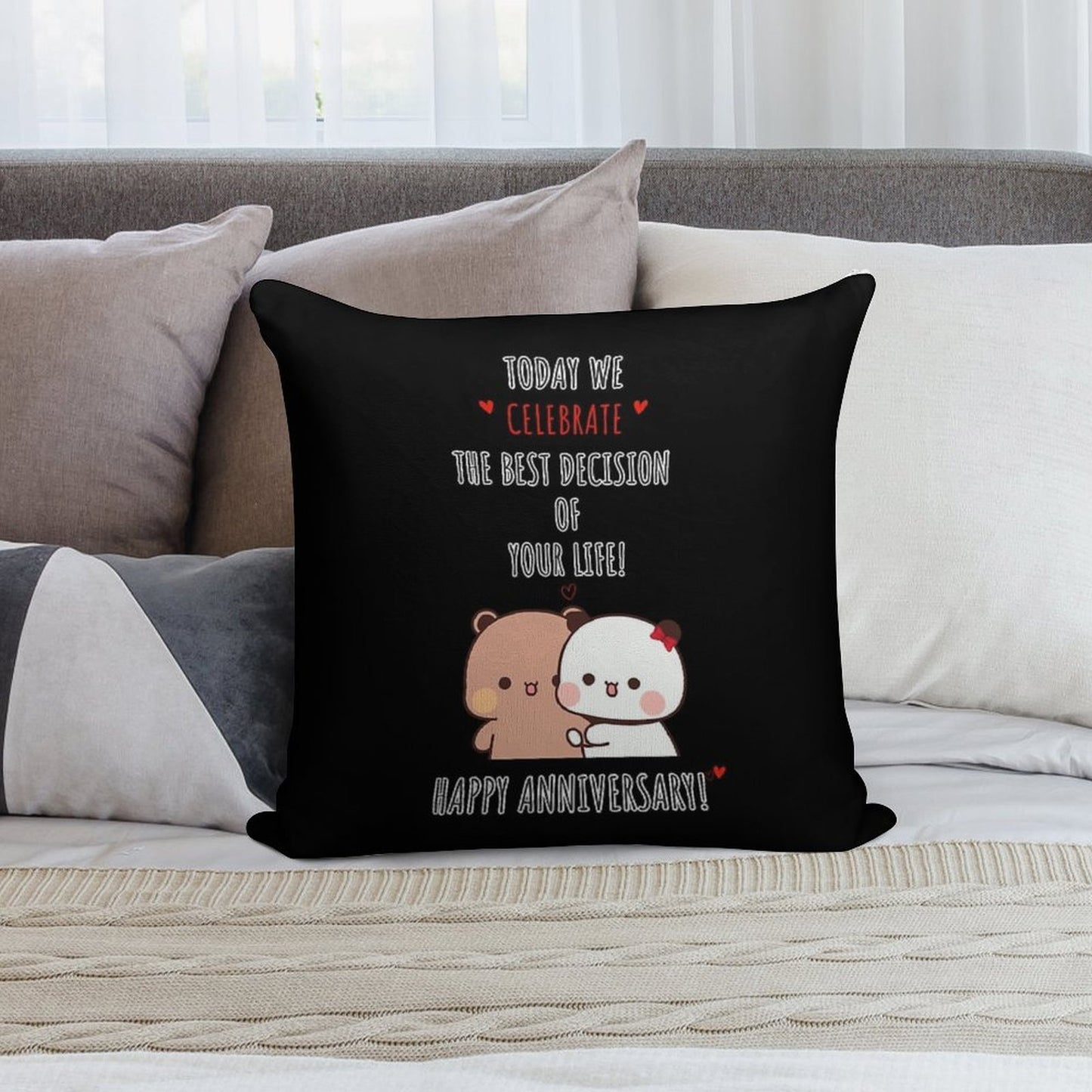 Happy Anniversary from DuDu Bear And BuBu Panda Soft Skin-Friendly Throw Pillow