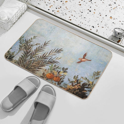 ANTIQUE ROMAN  WALL PAINTINGS,FLYING BIRD, BLUE SKY AND FRUIT TREES ,GREEN FLORAL  Easy Maintenance Bath Mat