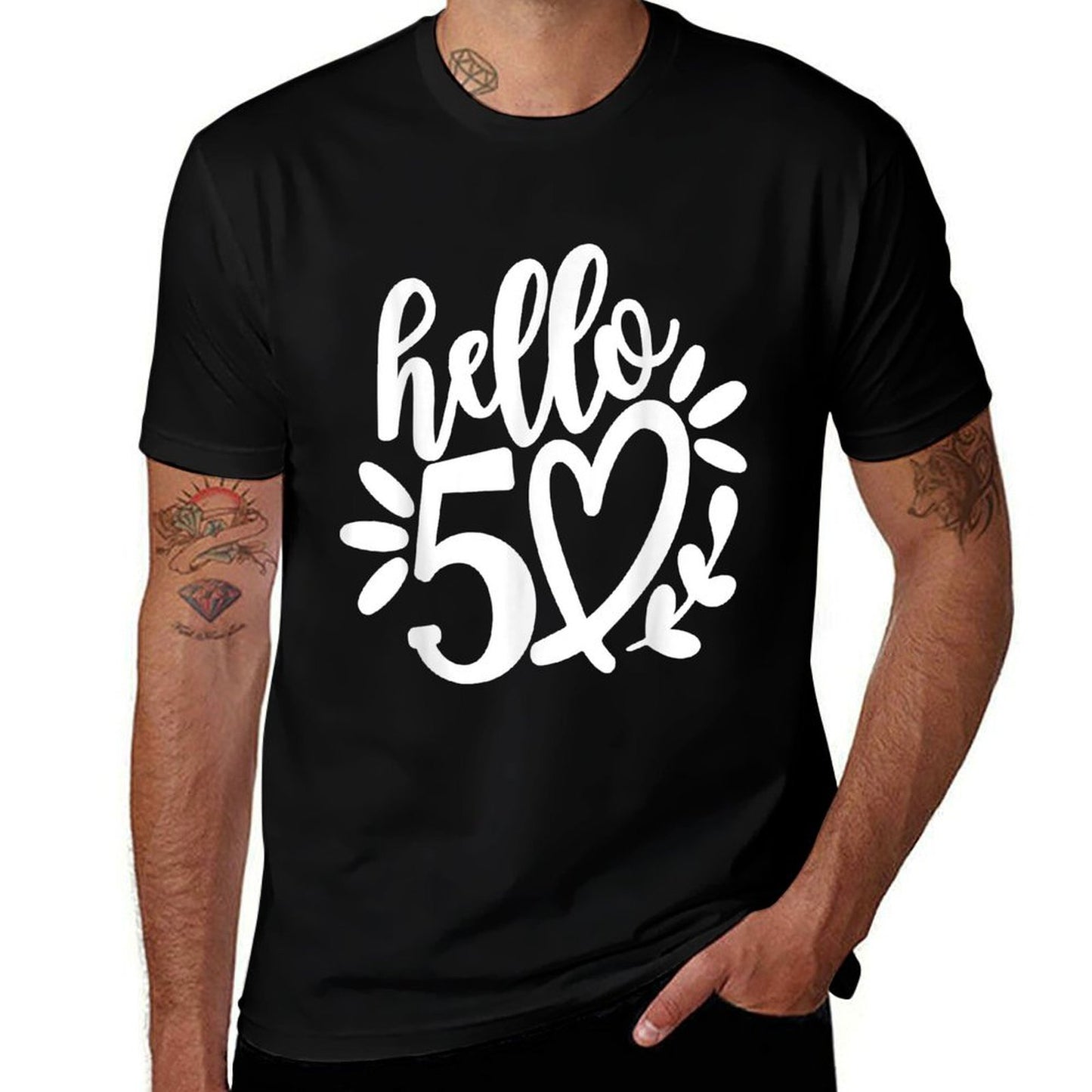 Hello 50 with Cute Heart, Hello Fifty Squad, 50th Birthday  Trendy Pattern T-Shirt