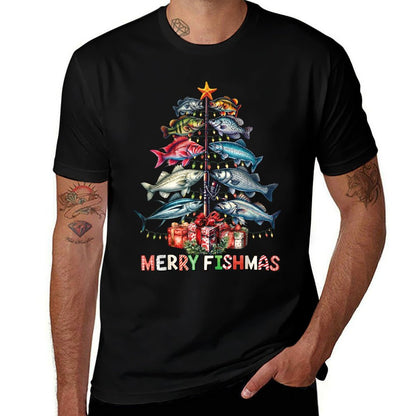 Merry Fishmas Funny Christmas Tree Lights Fishing Rod Fish  Durable T-Shirt