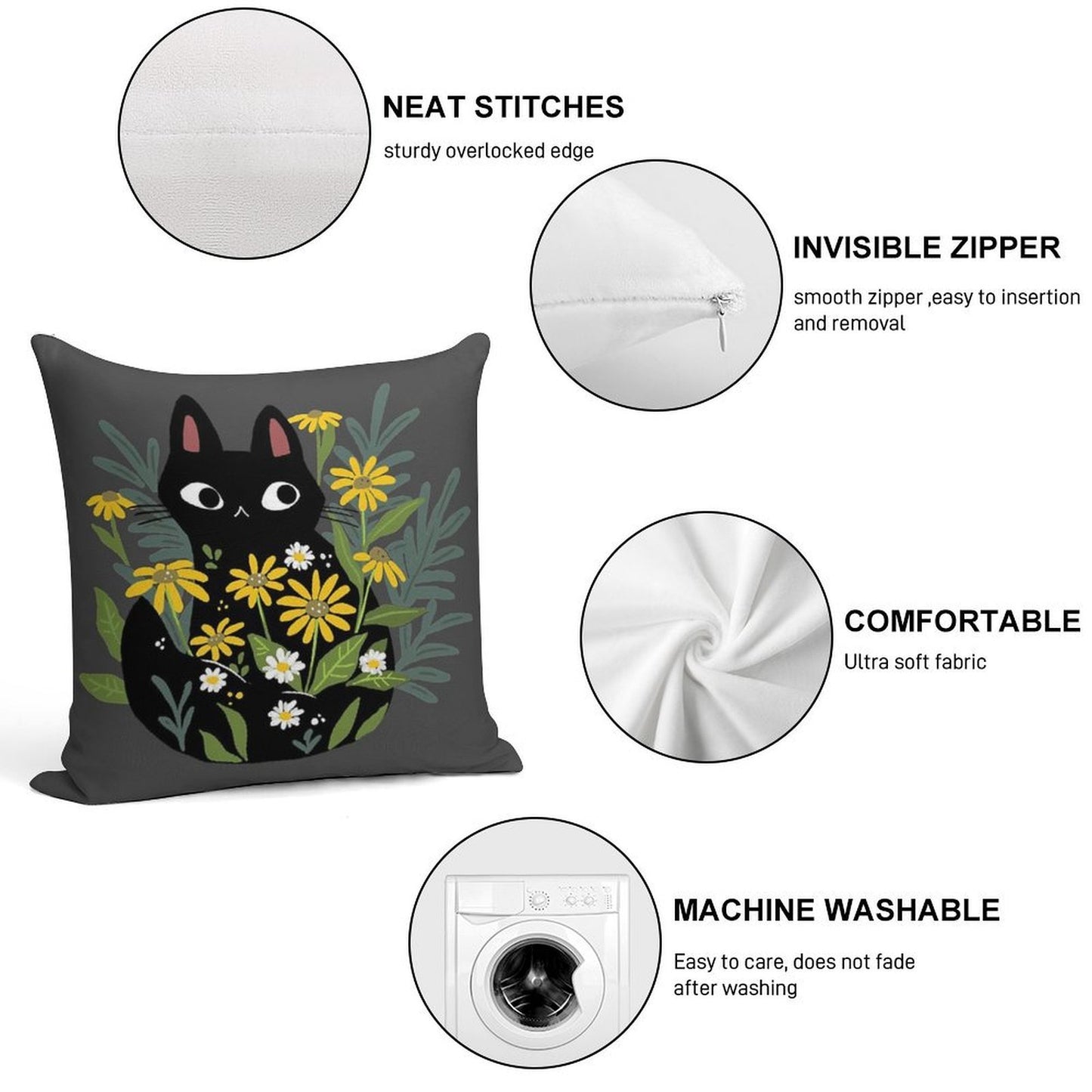 Black Cat with Flowers Soft Anti-Pilling Throw Pillow