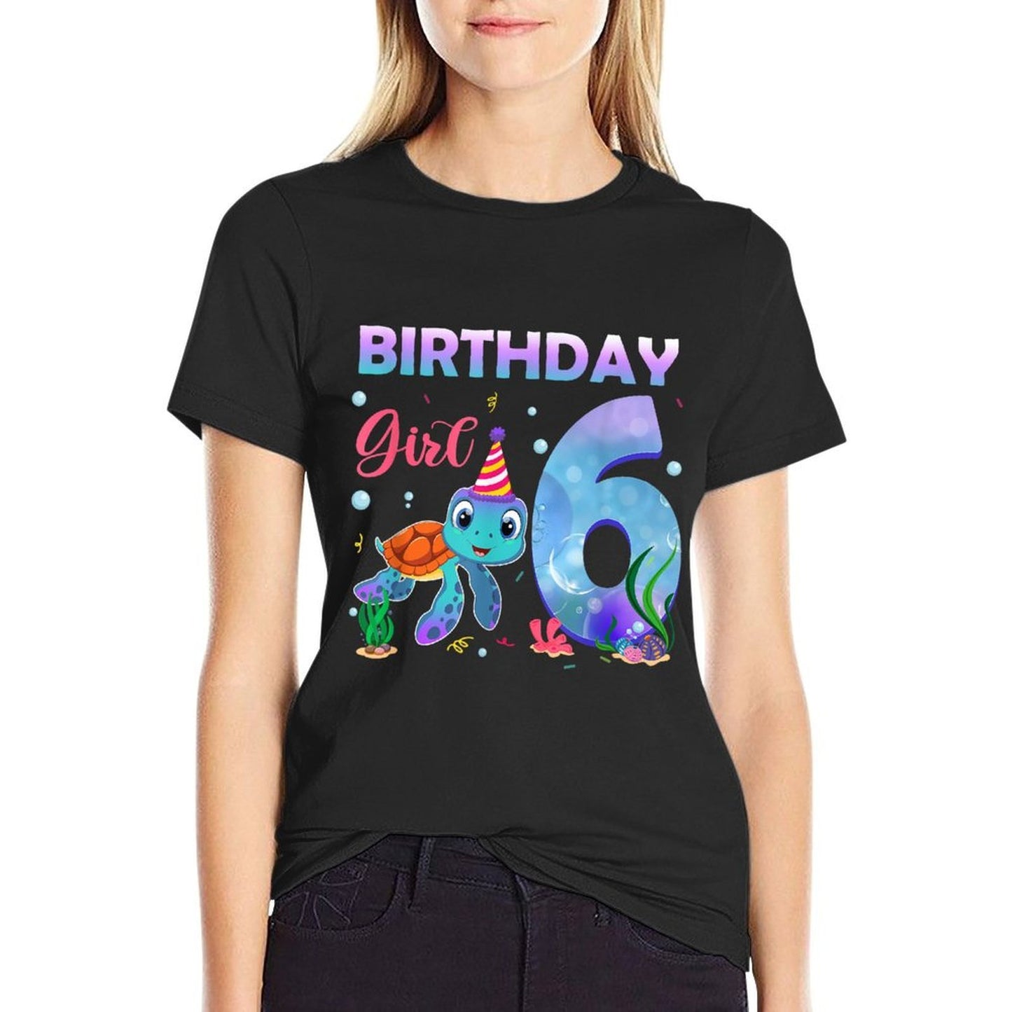 6th Birthday Girl Sea Turtle 6 Year Old Ocean Aquarium Girls  Cotton T-Shirt