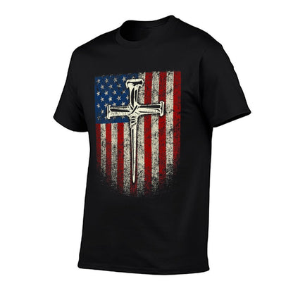 (Art on Back) American US Cross Christian  Heathered Texture T-Shirt