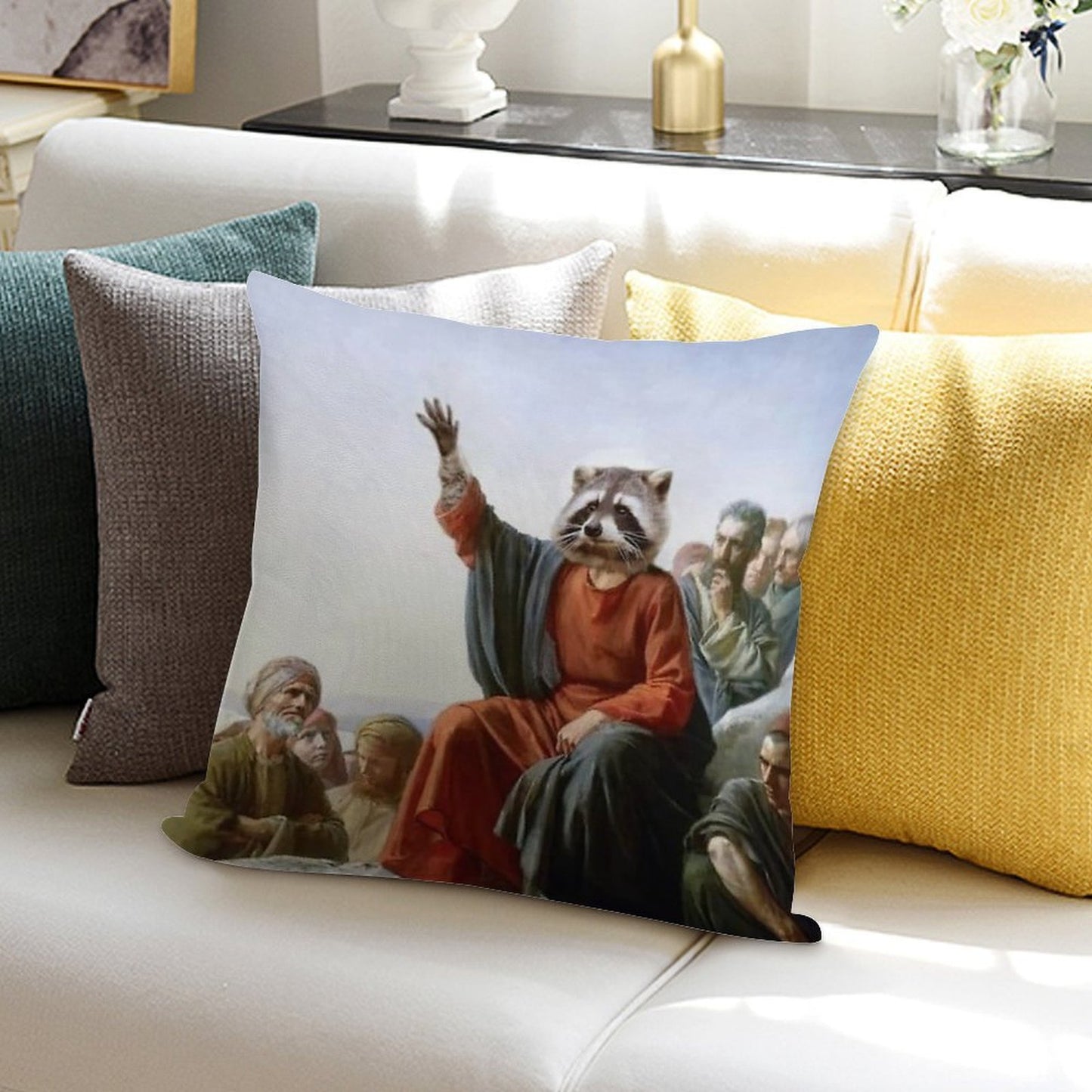 Raccoon Jesus Soft Short Plush Fabric Throw Pillow