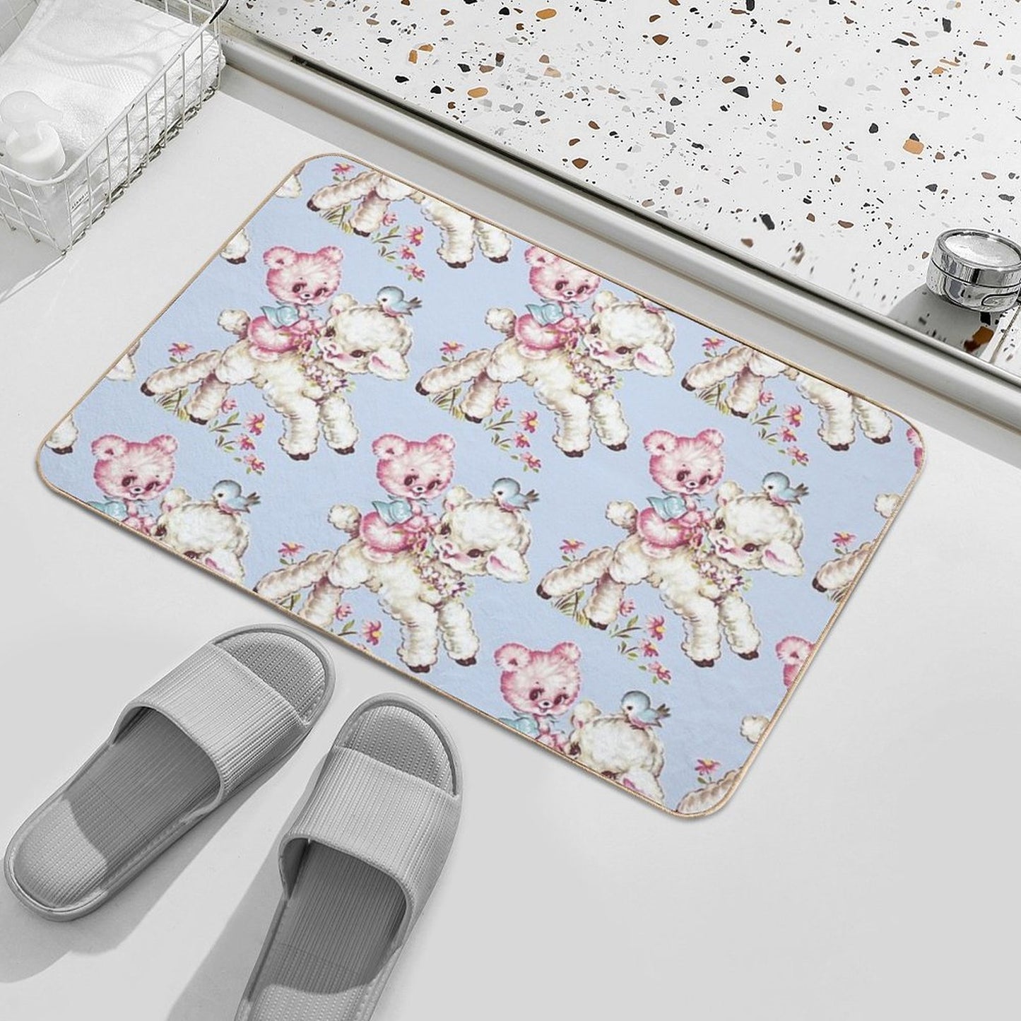 Baby Teddy Bear & Lamb Vintage Animal Illustration  Slip-Resistant Bath Mat