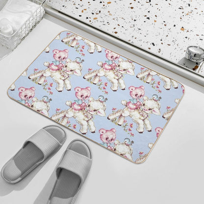 Baby Teddy Bear & Lamb Vintage Animal Illustration  Slip-Resistant Bath Mat