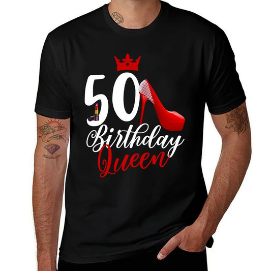 Funny 50th Birthday 50 Birthday Queen Lipstick Stilettos  Ribbed Collar T-Shirt