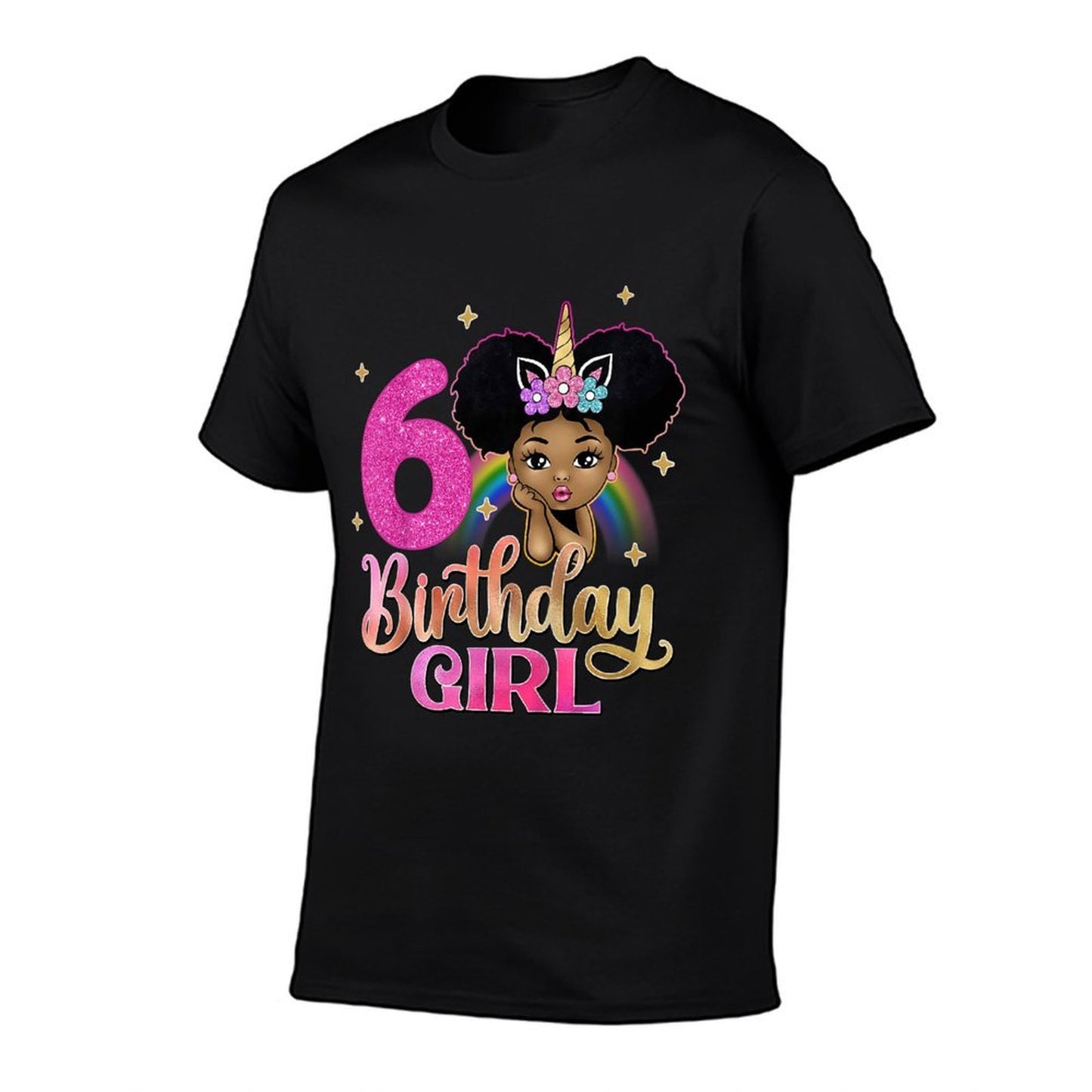 Kids 6th Birthday Girl Afro Melanin Unicorn Princess 6 Yrs Old  Oversized Silhouette T-Shirt
