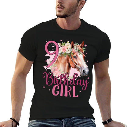 Kids 9th Birthday Horse Girl 9 Years Old Nine 9 Birthday Girl Comfortable T-Shirt